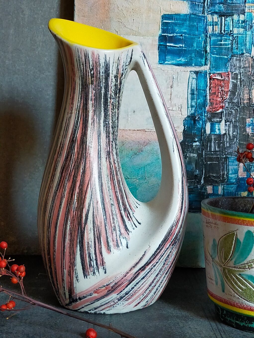 Free-form ceramic vase by R. Dupanier with abstract decoration from the 50s
