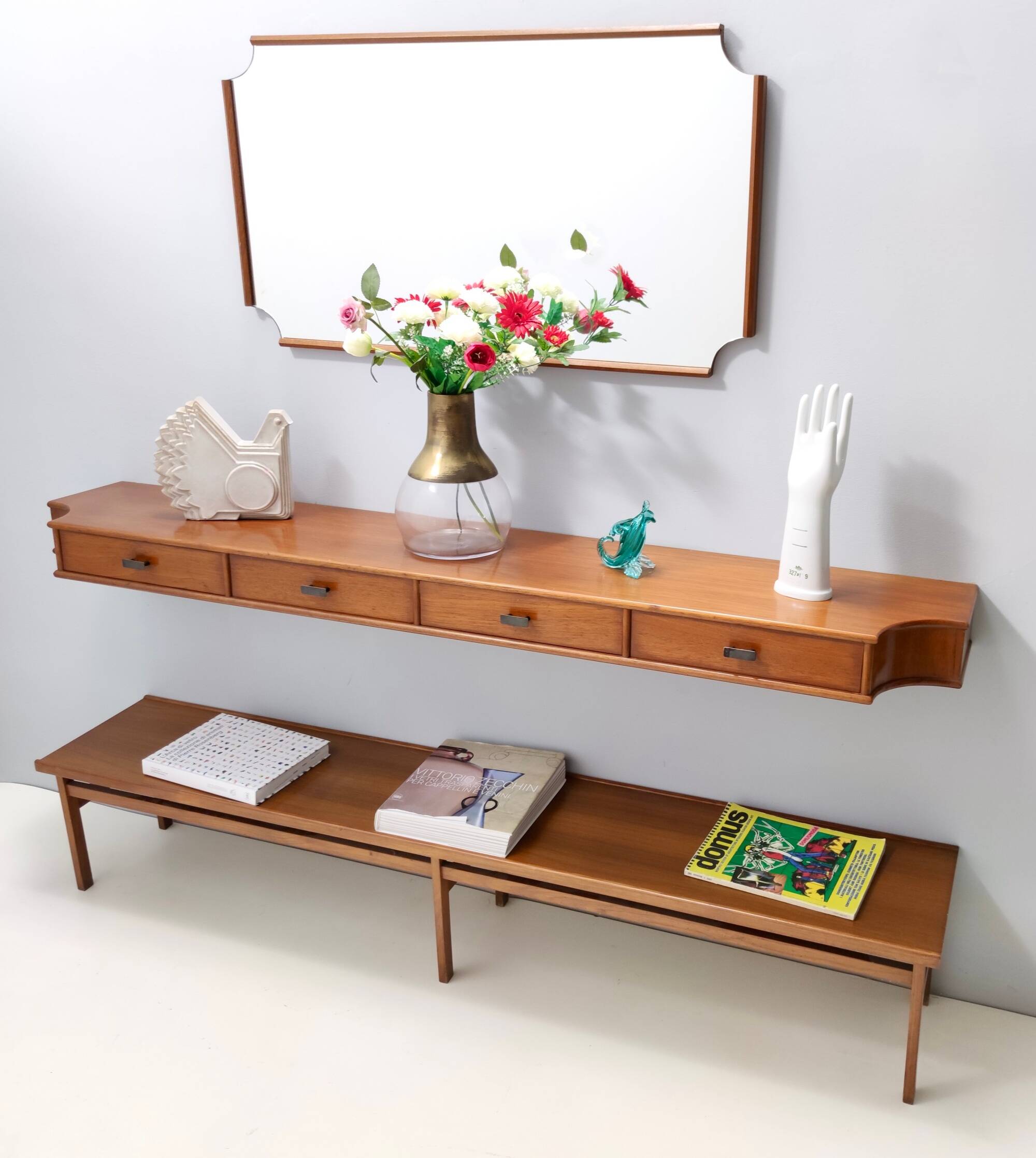 Entryway Set of Wall Mirror, Walnut Console and Bench by Brugnoli, Italy