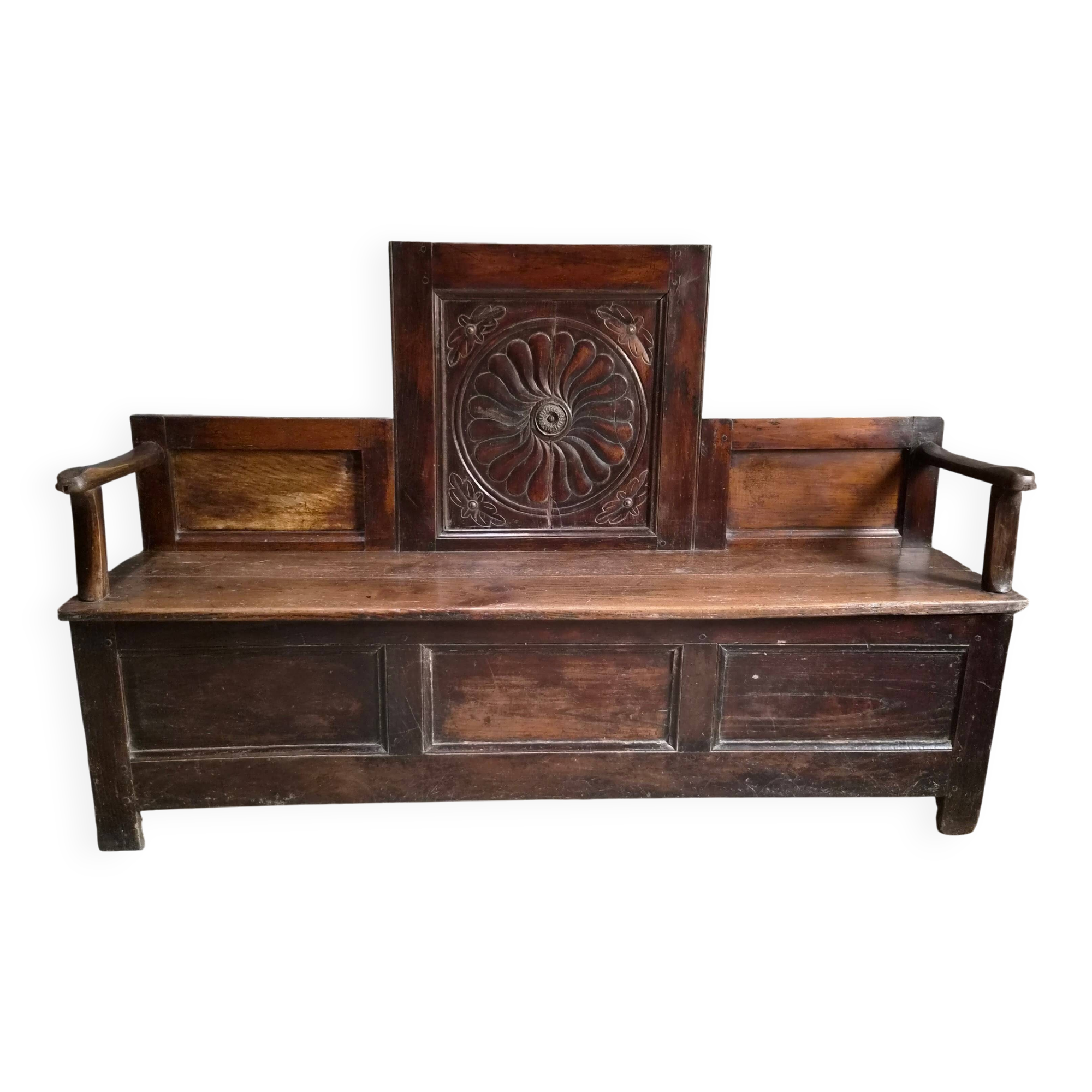 Old French popular art bench from Auvergne, circa 1800–1850