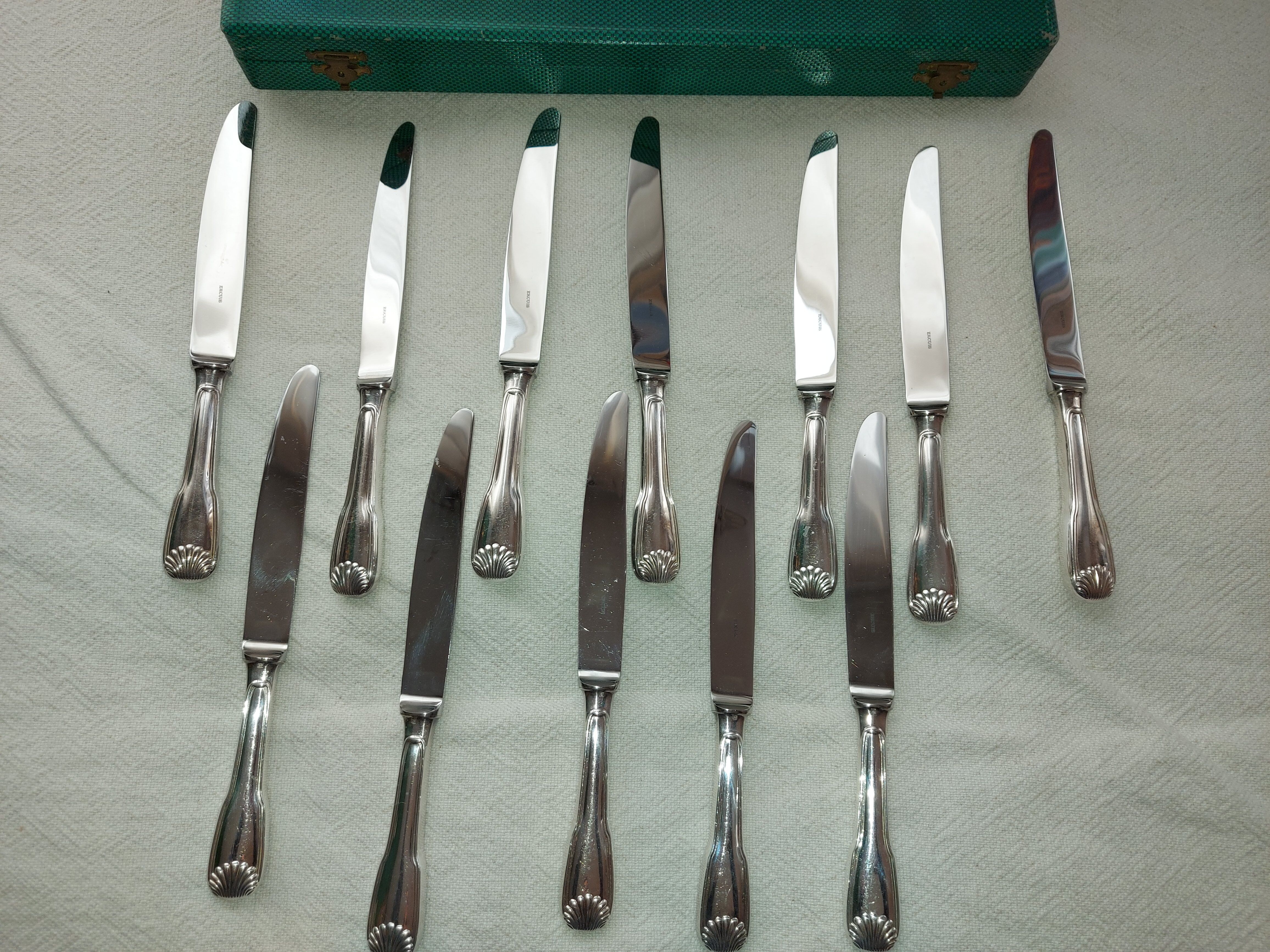 12 Silver Metal Ercuis Table Knives Box