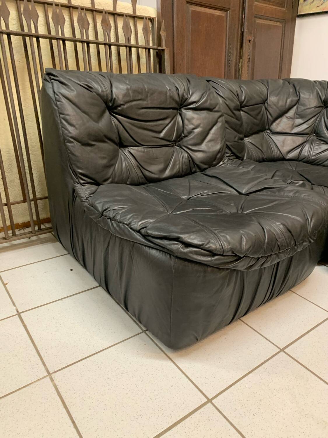 Vintage Black Leather Sofa Design Circa 1980