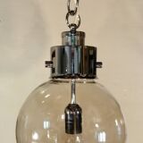Designer chandelier in chrome metal globe in smoked glass