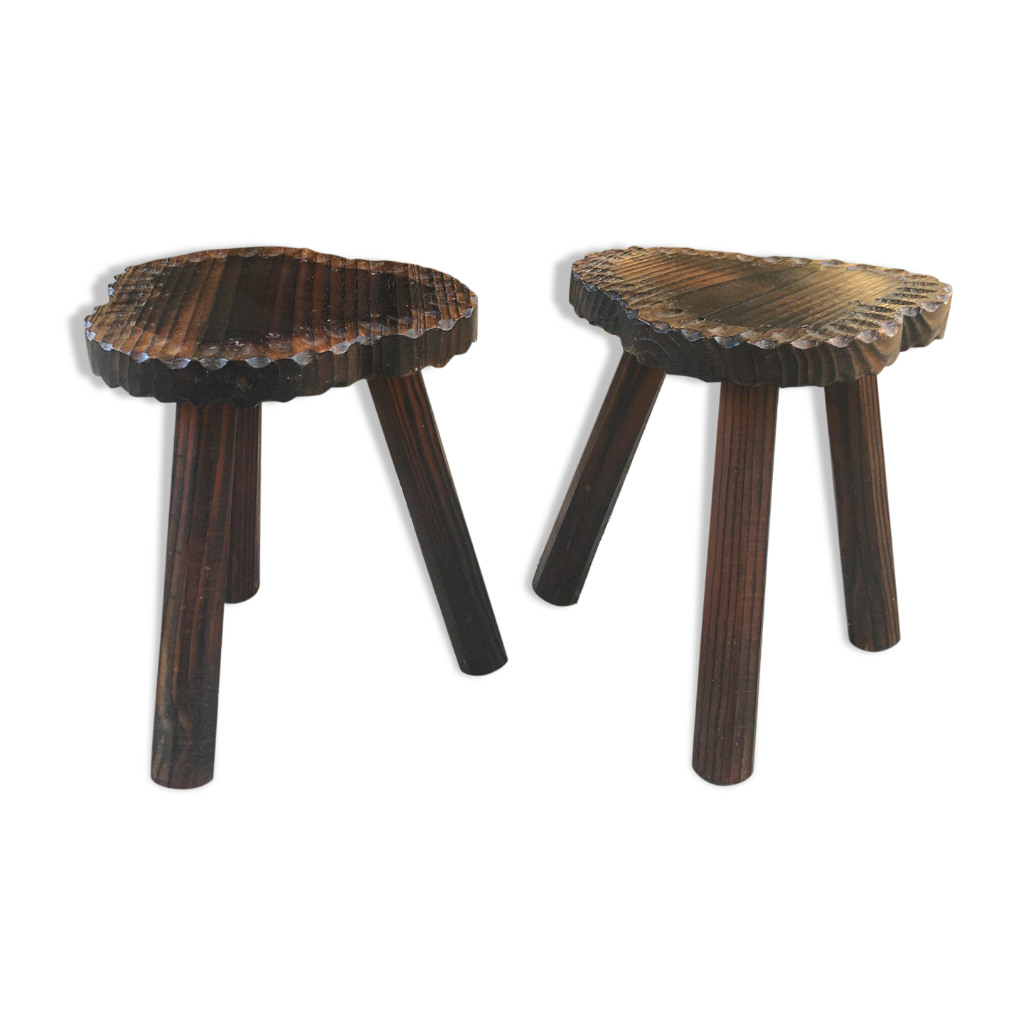 2 vintage tripod stools in solid wood