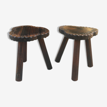 2 vintage tripod stools in solid wood