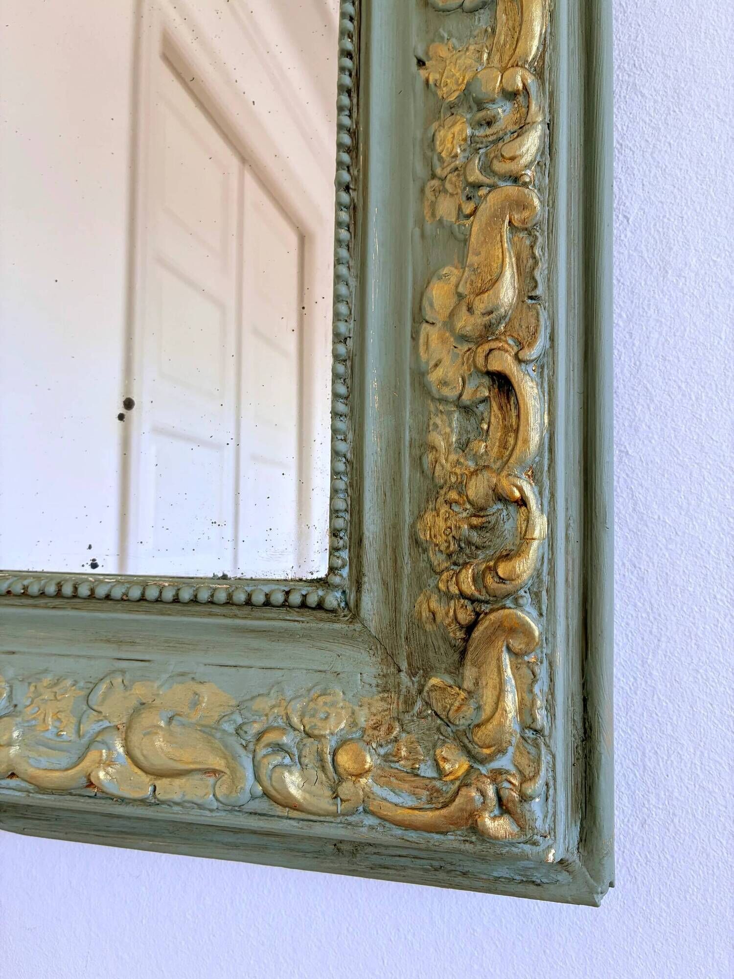 Large antique French Louis Philippe mirror – green and gold, late 19th century
