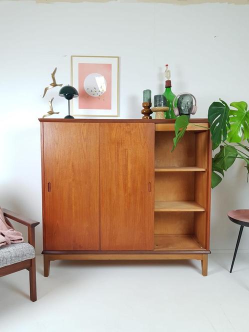 Sideboard high Danish teak veneer vintage sliding doors
