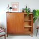Sideboard high Danish teak veneer vintage sliding doors