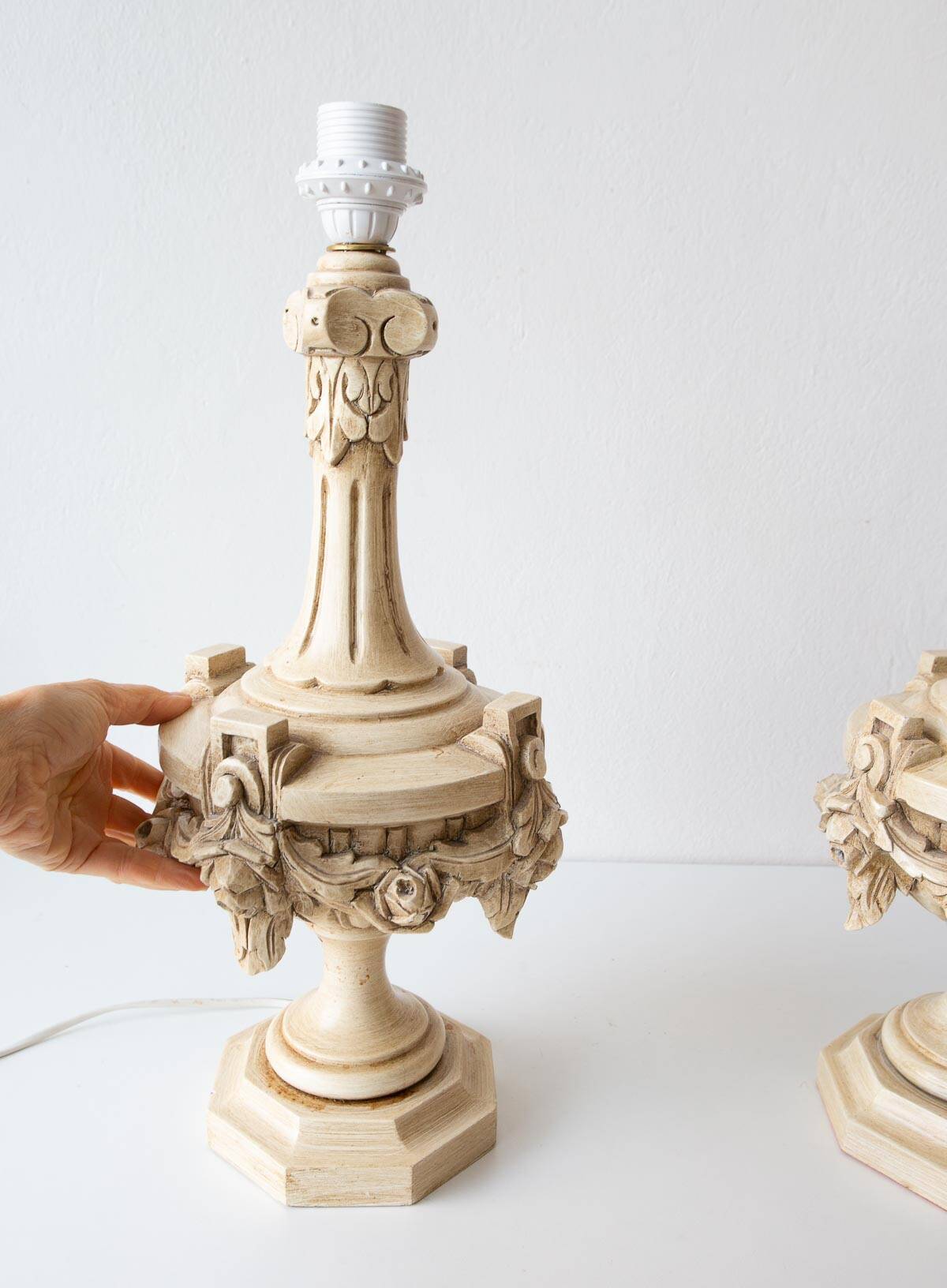Pair of large painted wood table lamps. Spain, circa 1970s