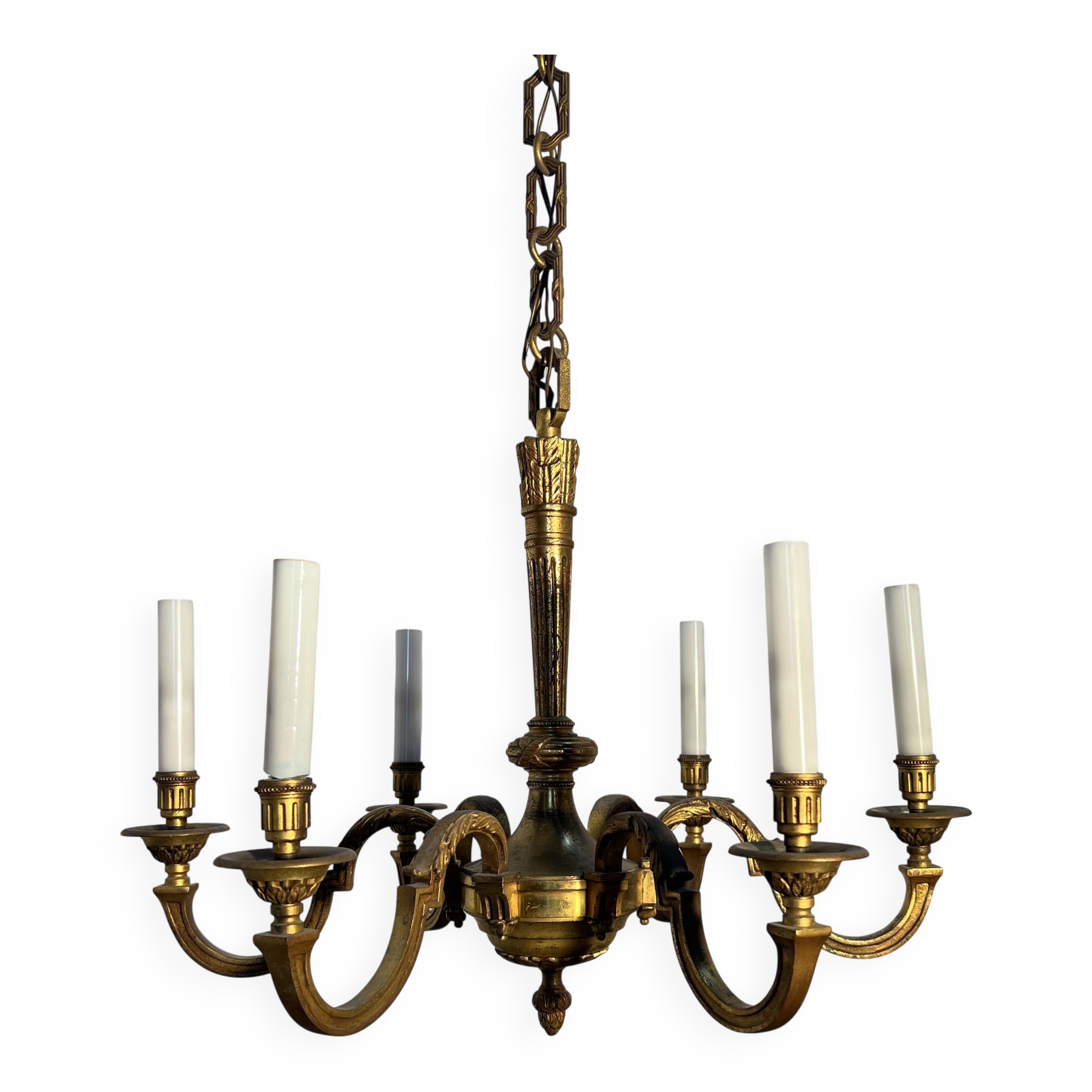 Important six-light chandelier in chiselled gilded bronze, Empire, 19th century