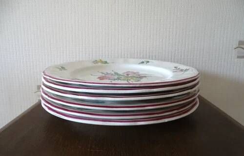 Kg luneville "réverbère" 6 flat plates earthenware hand-painted flowers ø25.5 cm