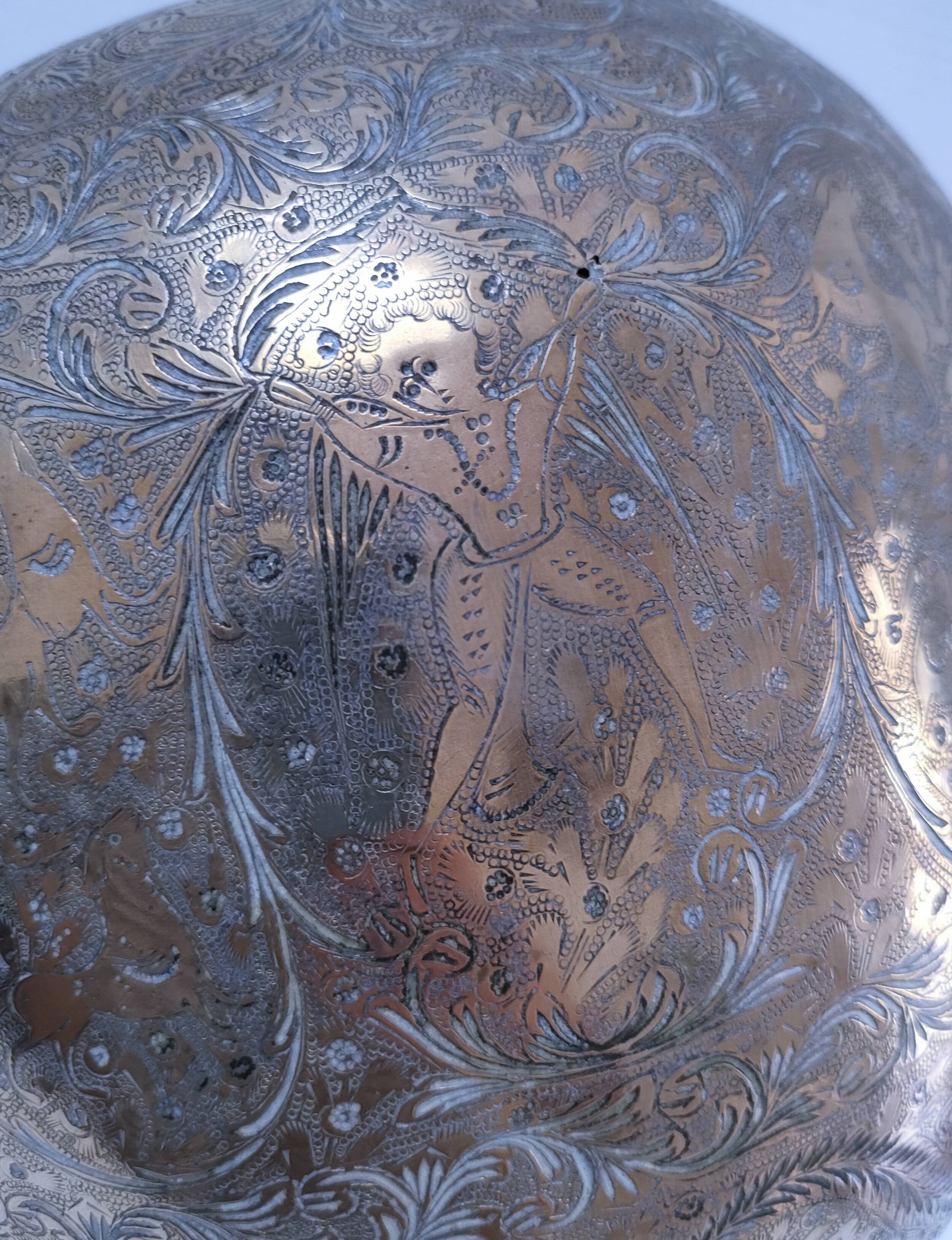 Solid brass pot cover engraved with animal, plant and character decoration