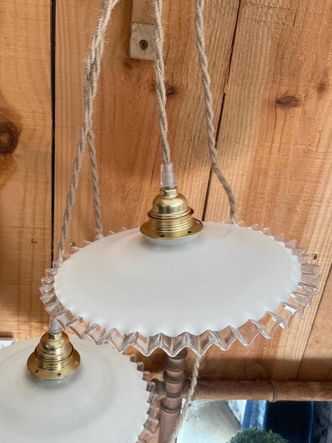 Pair of lace-edged opaline portable lamps with cord wire