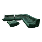 Bottle green velvet Togo living room set by Michel Ducaroy for Ligne Roset, set of 5