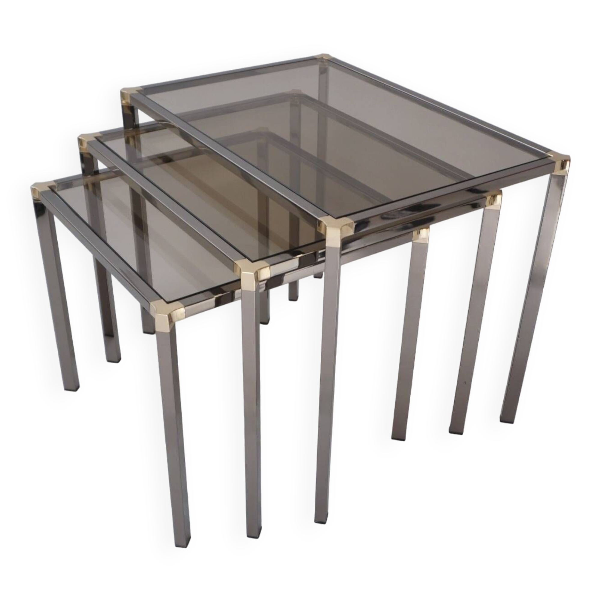 Tables gigognes vintage en métal plaqué ou et verre graphite chrome par Kesterport pour Harrods 1980 Royaume-Uni