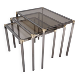Tables gigognes vintage en métal plaqué ou et verre graphite chrome par Kesterport pour Harrods 1980 Royaume-Uni