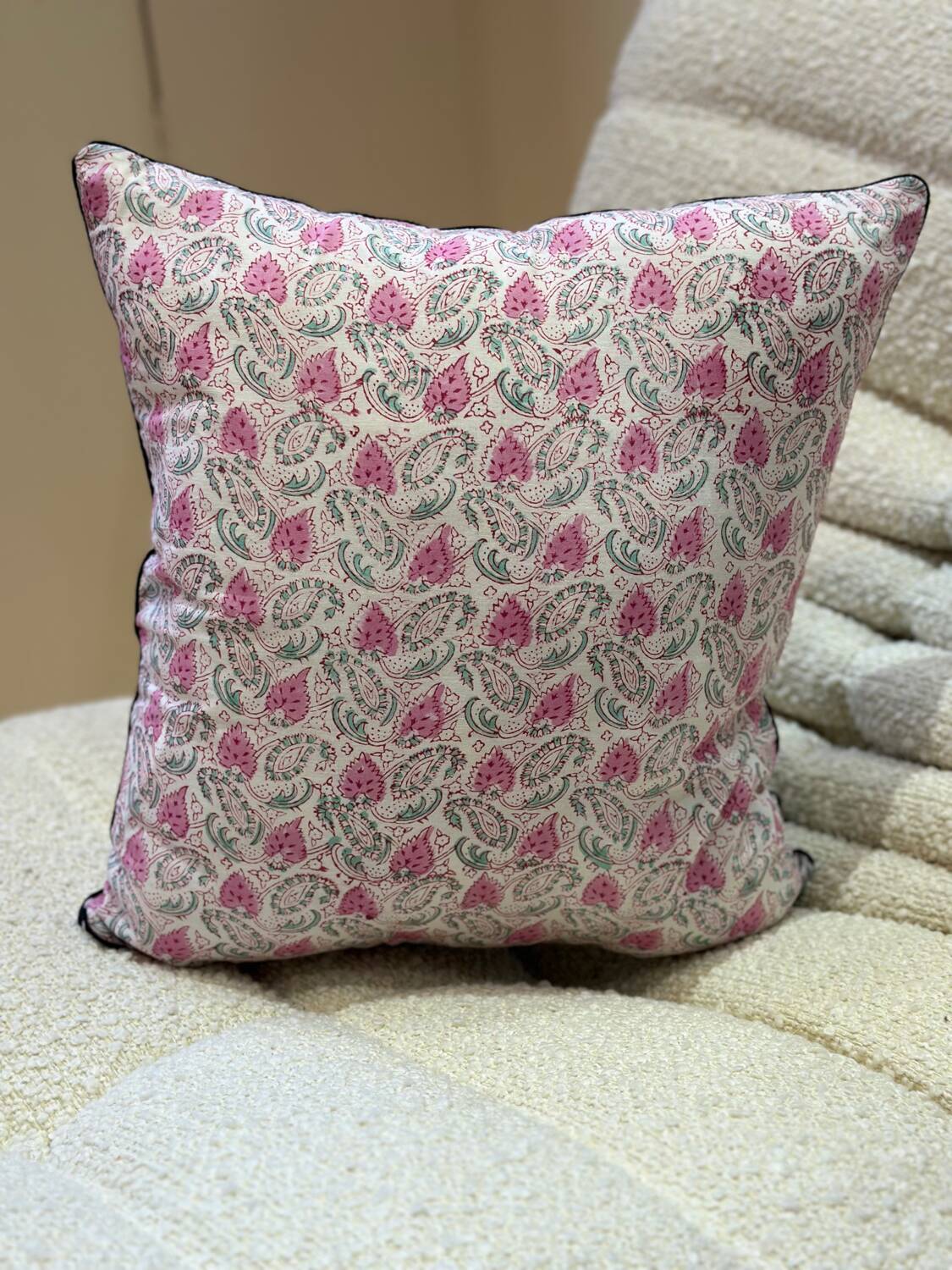 Coussin indien block print fleurs "fleur" - rose/blanc