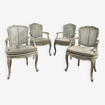 Suite of four cane armchair in gray lacquered wood stamped gouffé louis xv style