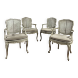 Suite of four cane armchair in gray lacquered wood stamped gouffé louis xv style