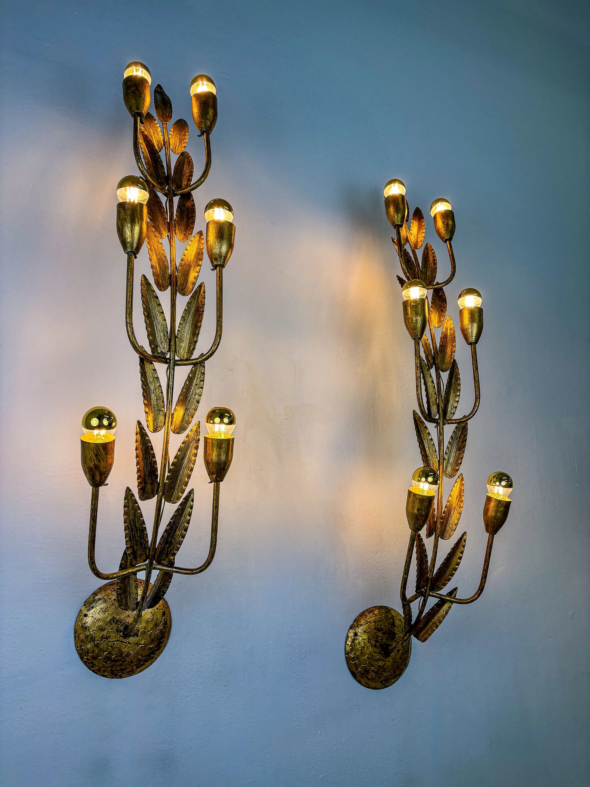 Pair of gilded floral wall lights by Ferro Arte, XL size, Spain, 1960s