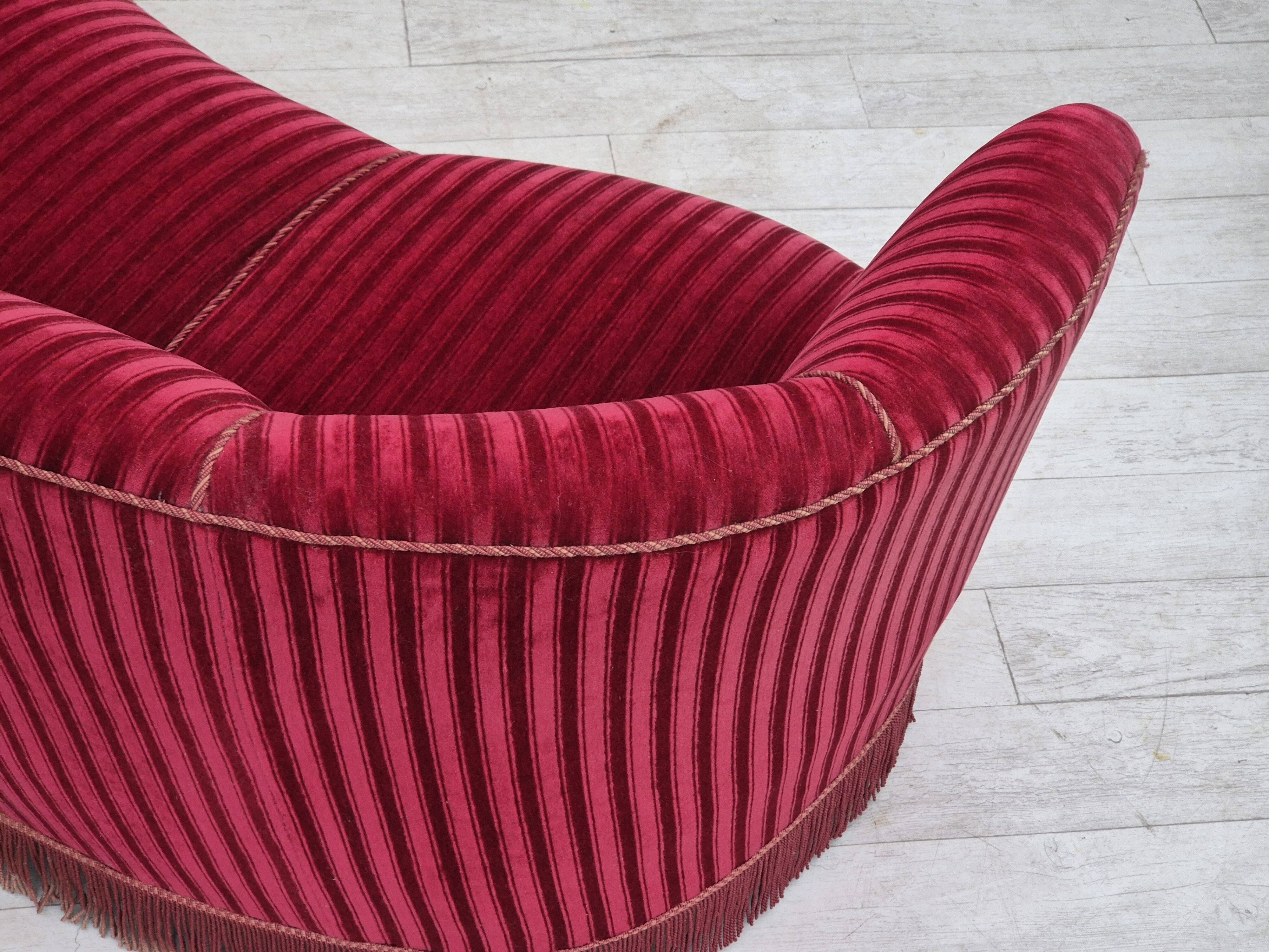 1960s, Danish 3-seater "Banan" sofa, original cherry-red furniture velour.