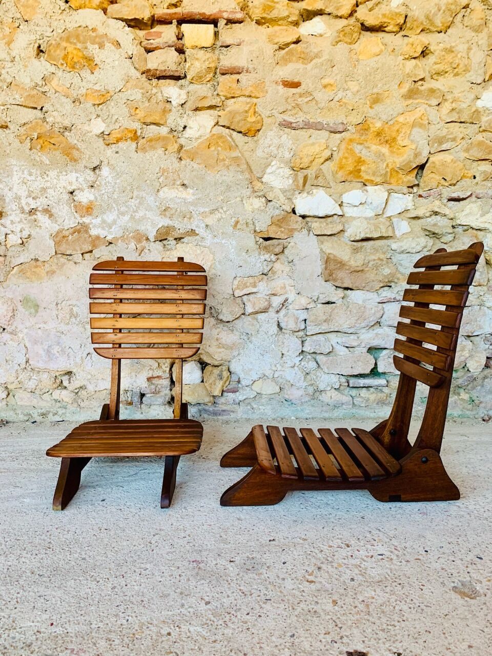 Pair of vintage folding chairs with slats, 1950-1960