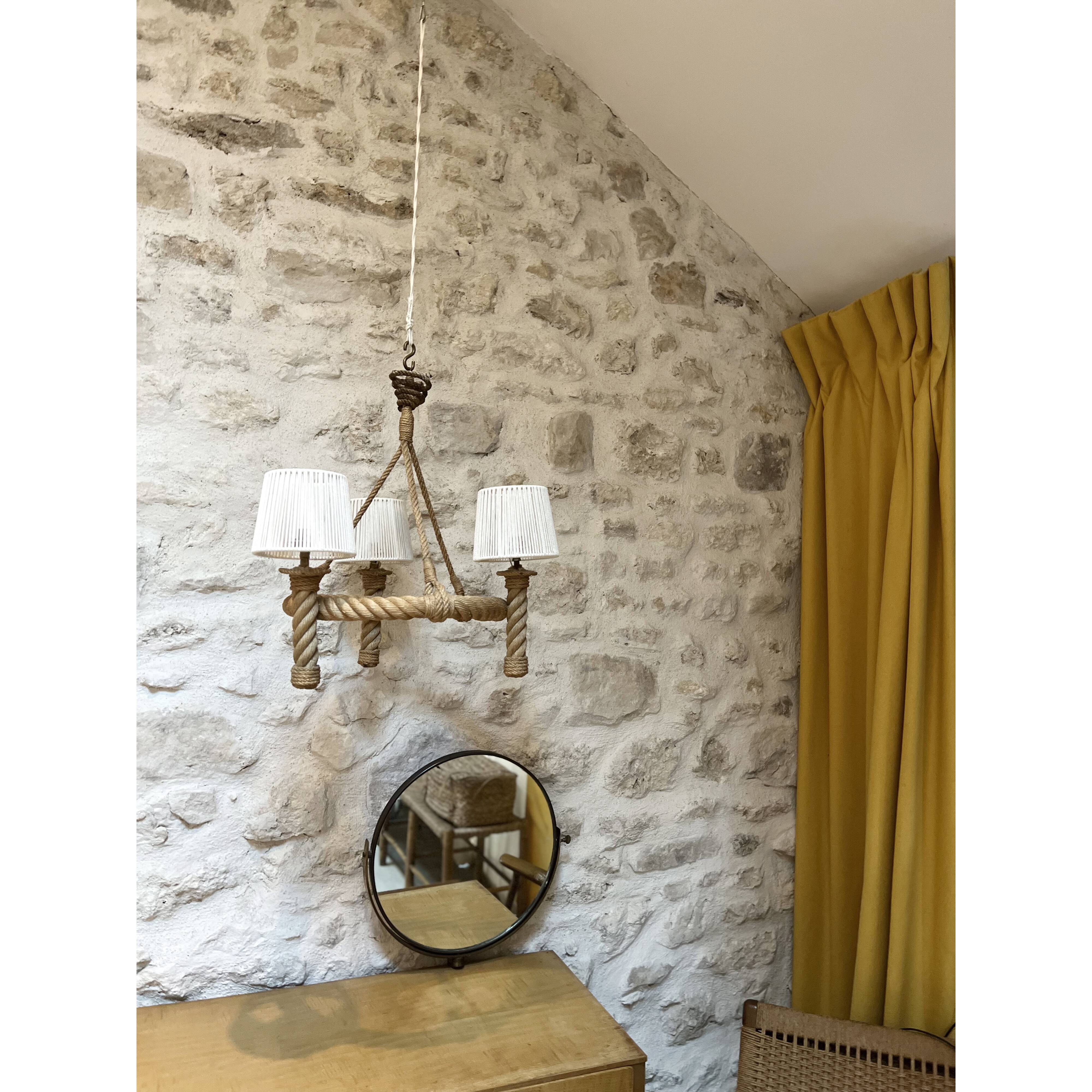 Three-light braided rope pendant light, 1950-1960.