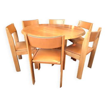 Table and chairs in elm by Gorgoni for Roche & Bobois 1970s