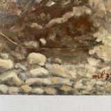 Small painting on masonite representing a fishing boat