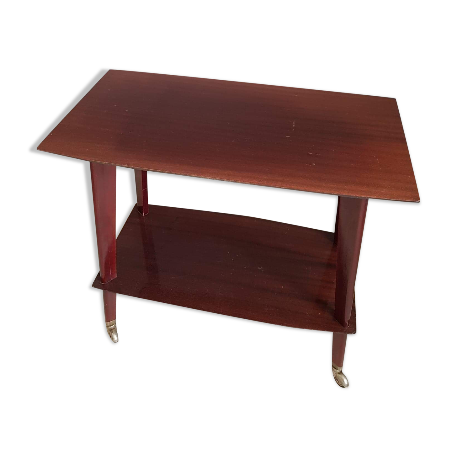 Vintage TV table with casters and 2 shelves years 60 varnished