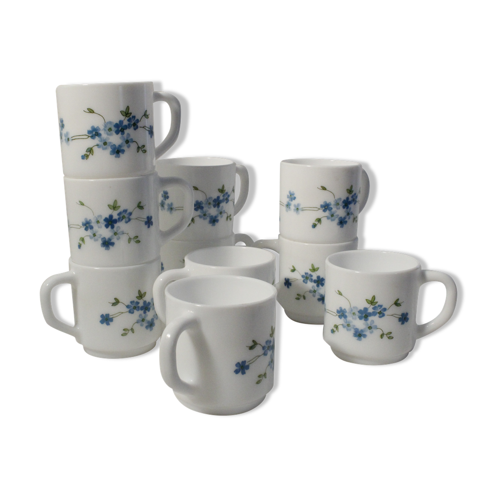 2 Tasses à Café Arcopal Vintage - Motif Myosotis - Hauteur 7 Cm - Occasion France