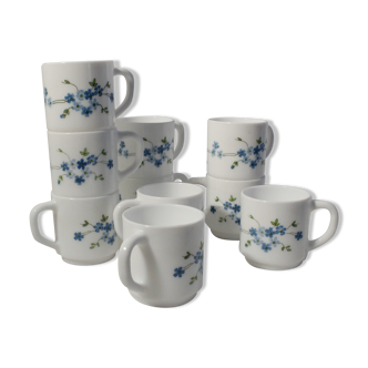 Lot de 10 tasses à café expresso Arcopal motif Myosotis