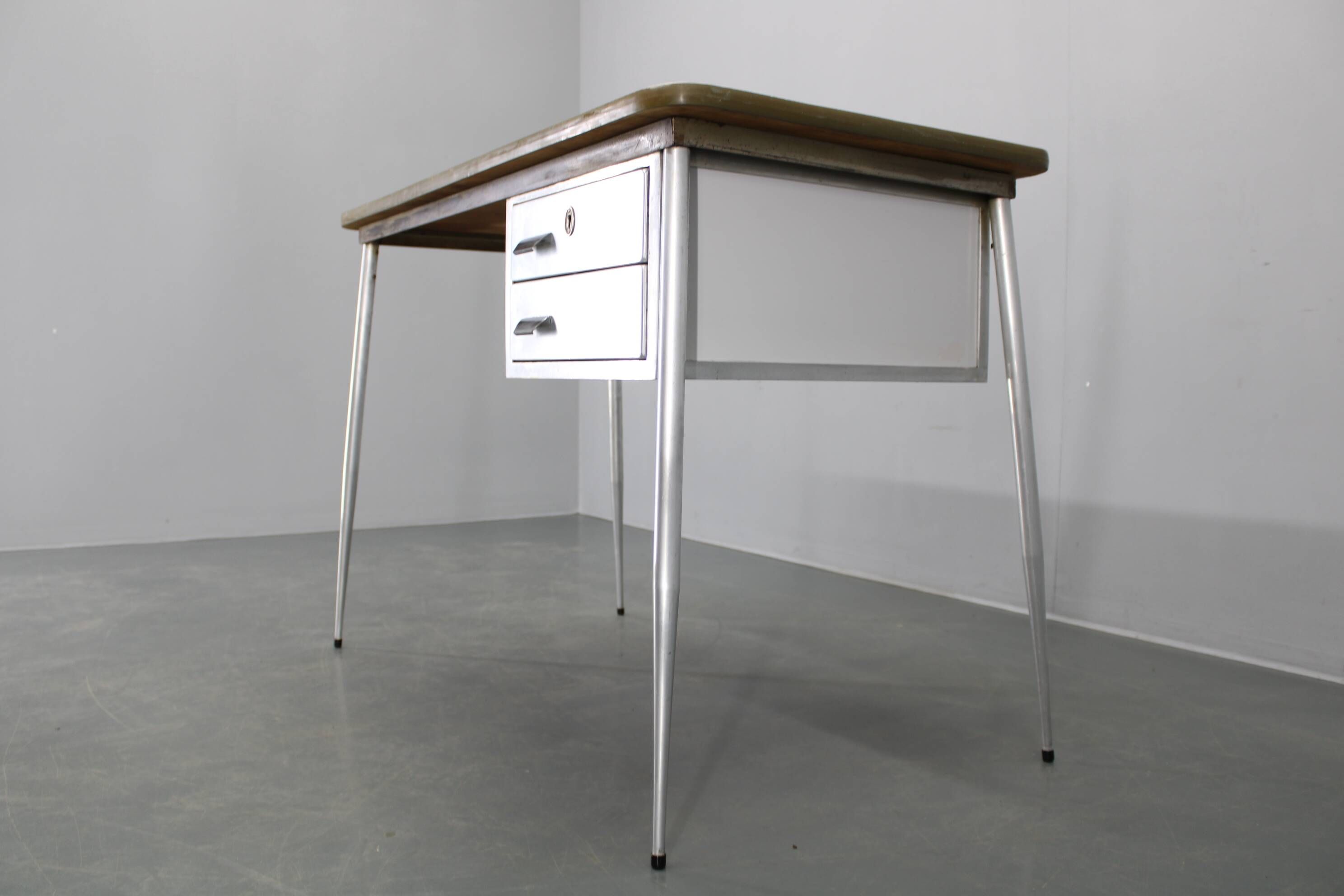 1950s Italian industrial metal and umakart desk — mid-century modern workstation