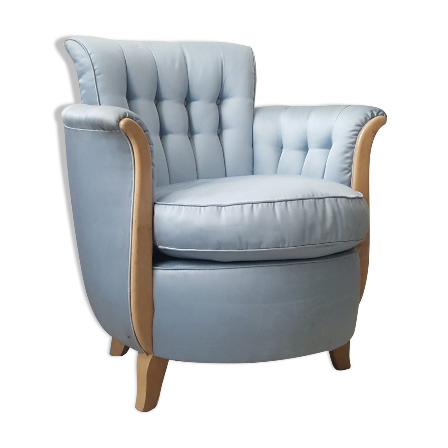 Cocktail chair bas corbeille in sycamore blond and blue silk - art deco 1930