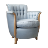 Fauteuil cocktail bas corbeille en sycomore blond et soie bleu - art deco 1930