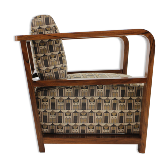 1930s art deco armchair in walnut and backhausen fabric,czechoslovakia