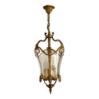 French Mid Century Bronze & Shaped Glass 3 light  Hanging Lantern 4405