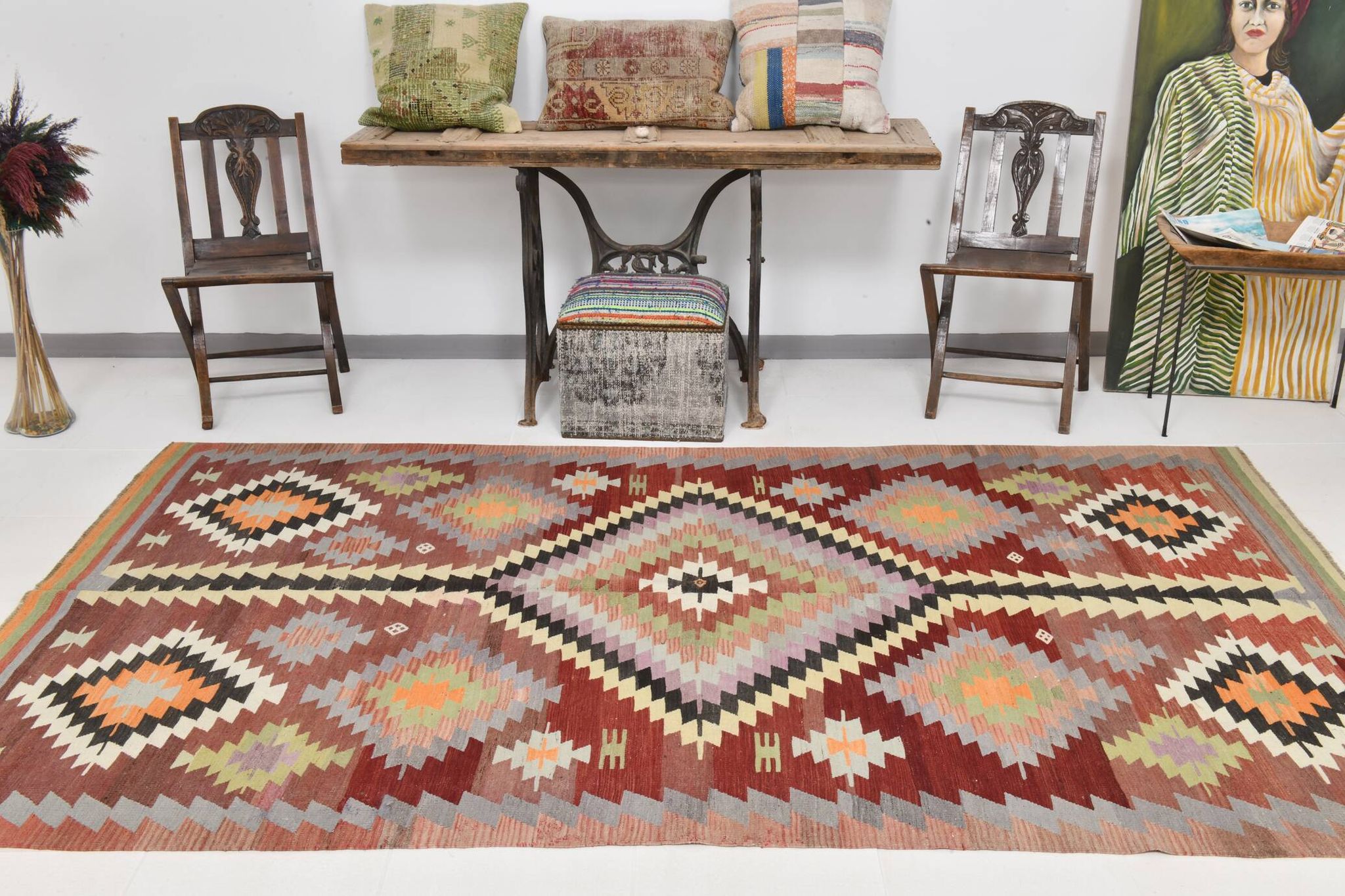 Tapis Kilim tribal vintage rouge foncé vert 5x10