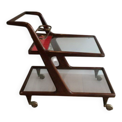 Table roulante en bois, laiton et verre
