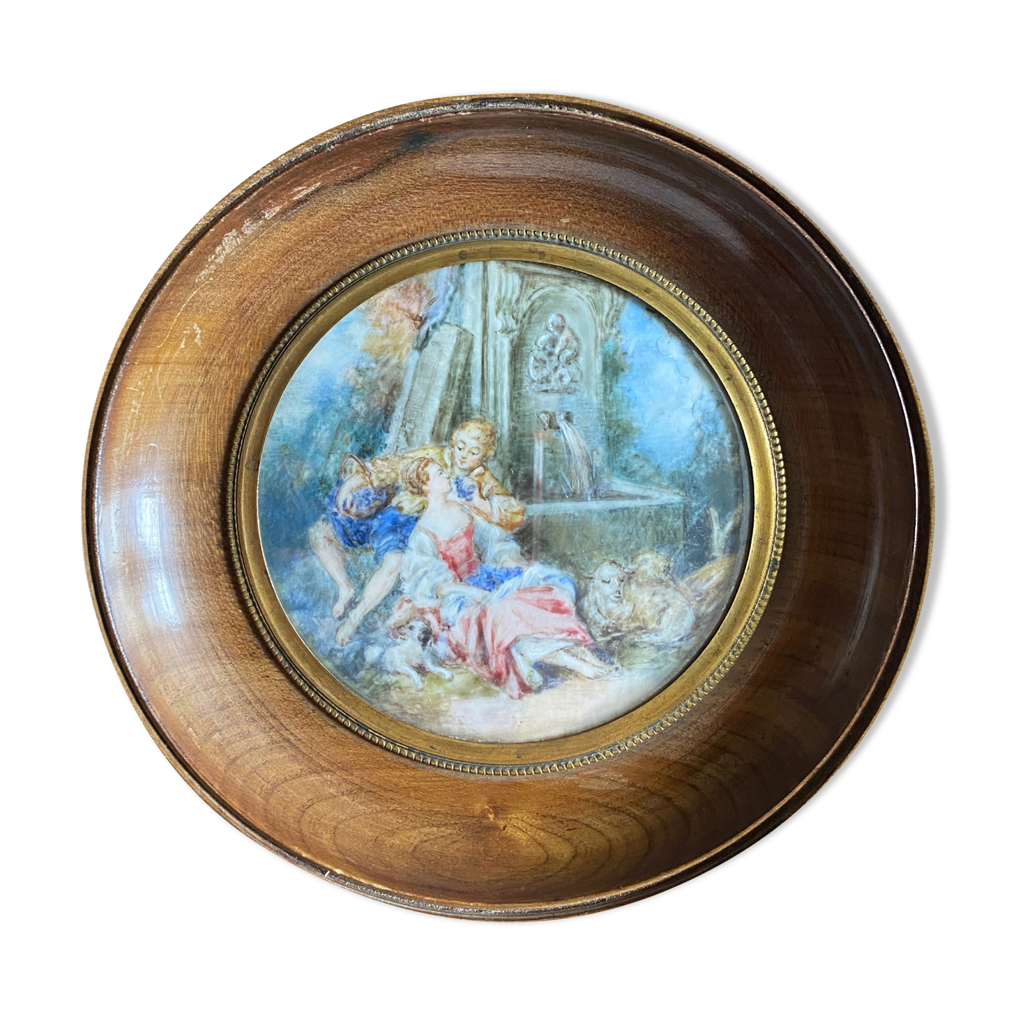 Old Miniature Painting "The Singer" romantic scene + frame