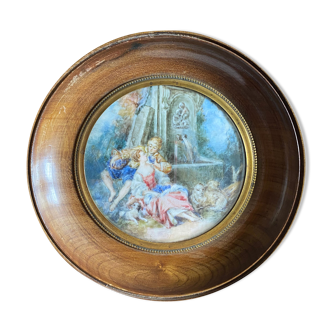 Old Miniature Painting "The Singer" romantic scene + frame