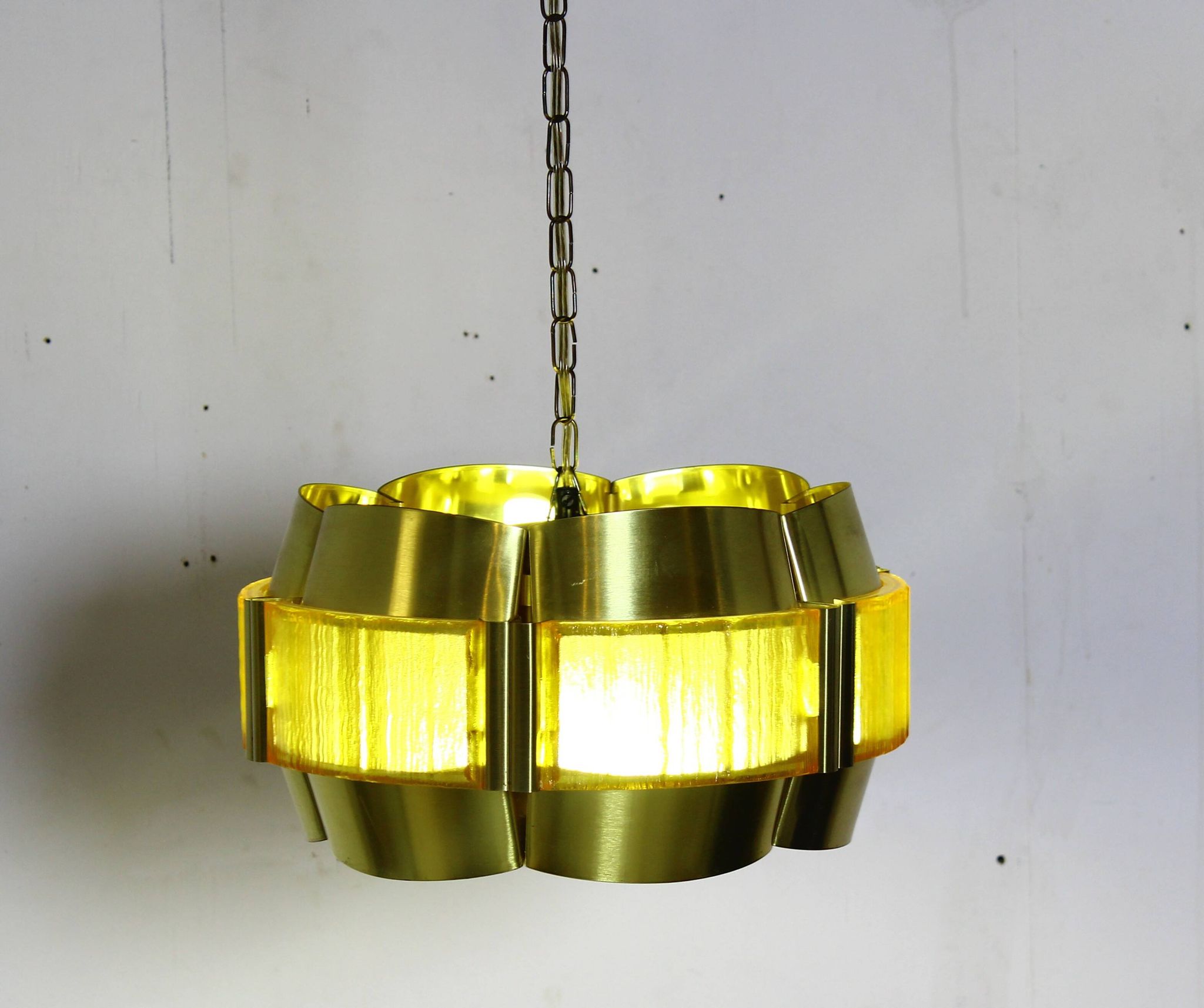 Brass and plastic pendant lamp by Werner Schou, Denmark, 1960