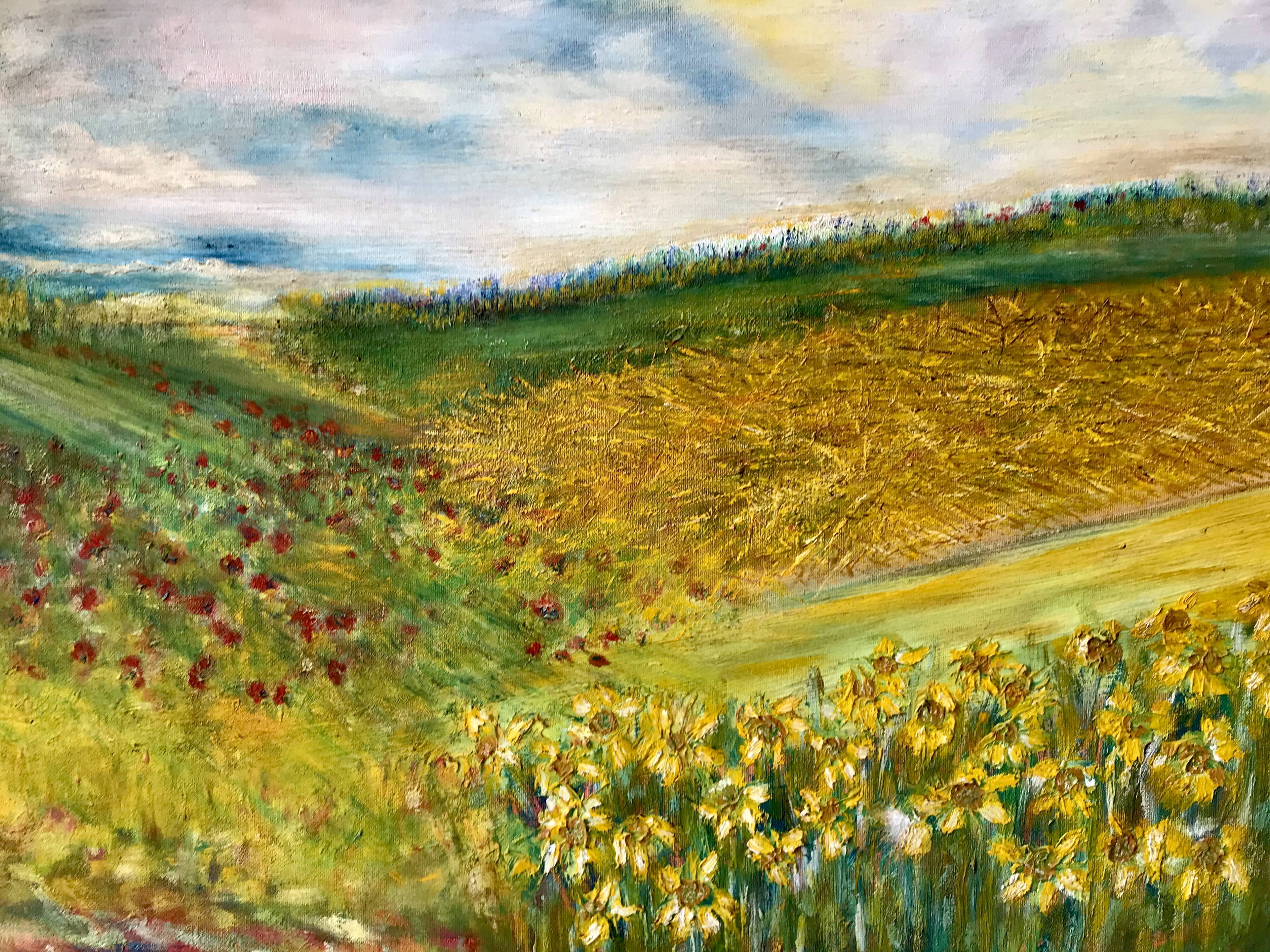 Old oil painting on landscape canvas