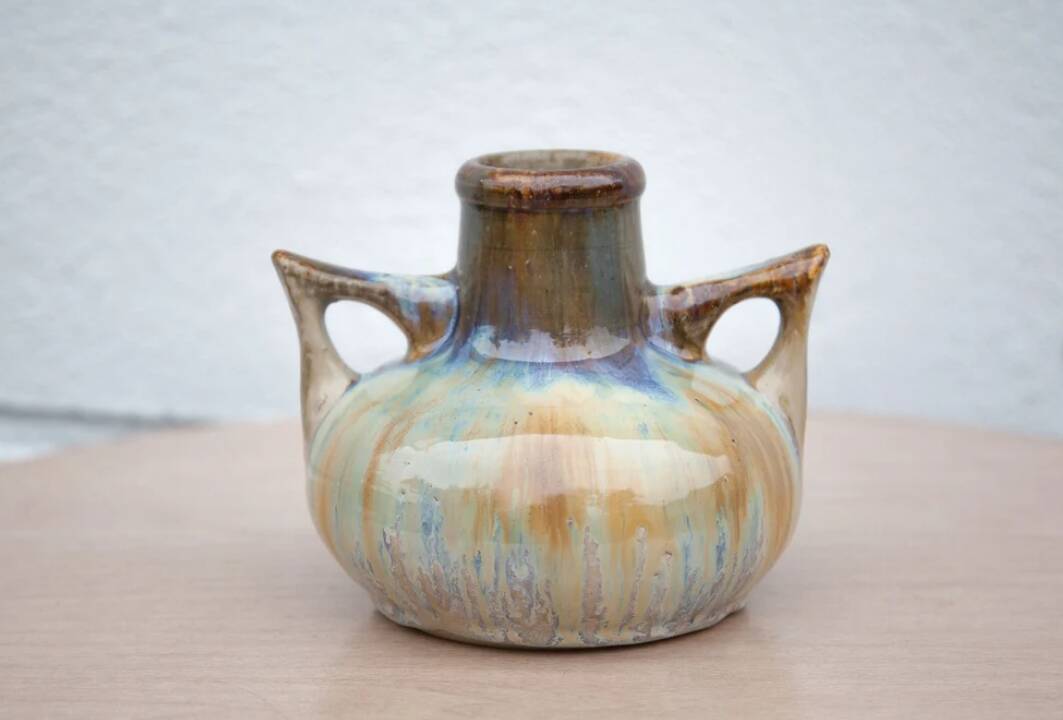 Art nouveau vase, vintage vase, enameled stoneware vase, attributed to Gilbert Metenier, vase with handles