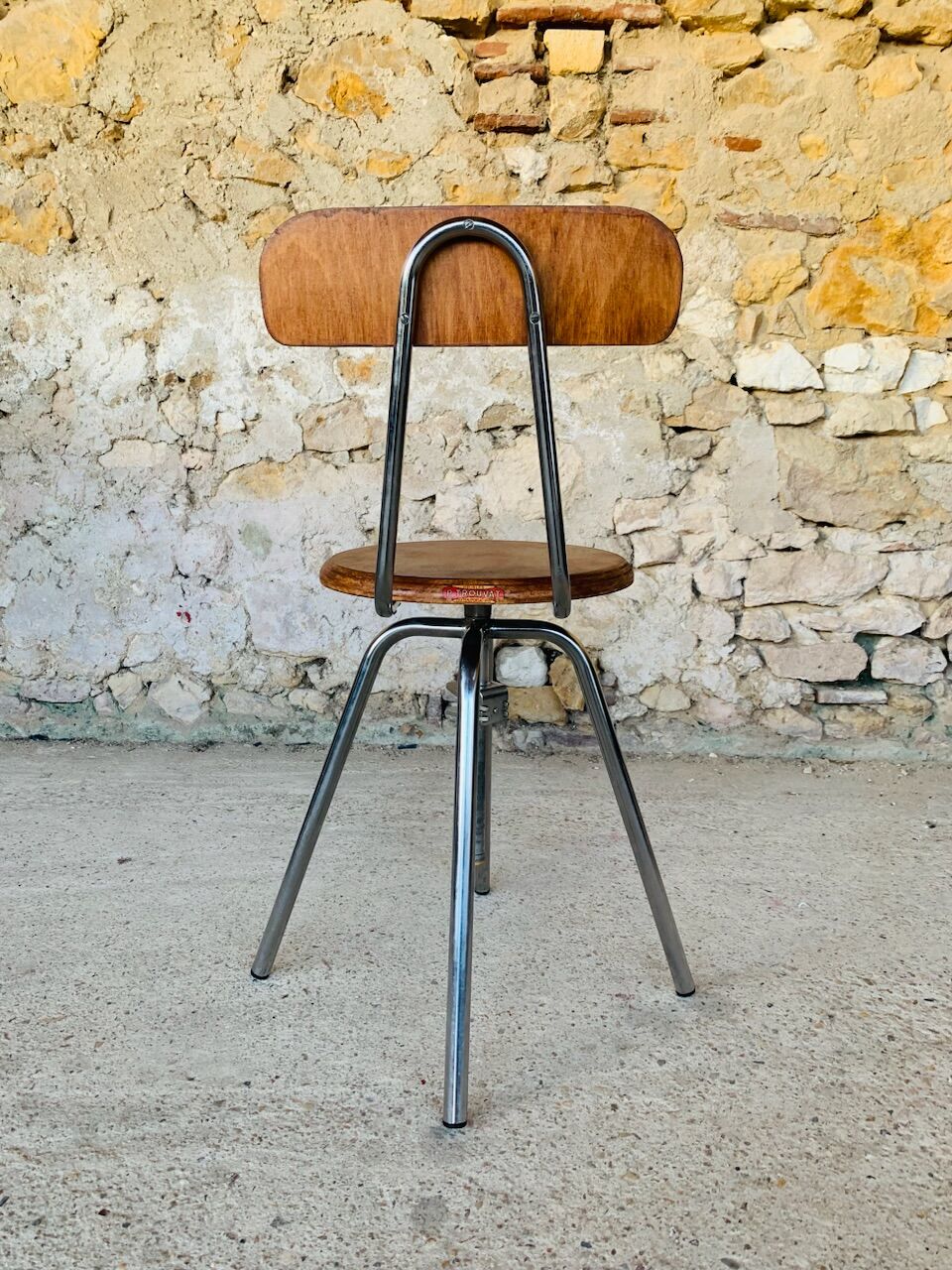 Vintage industrial metal and wood stool with adjustable swivel seat, 1960's