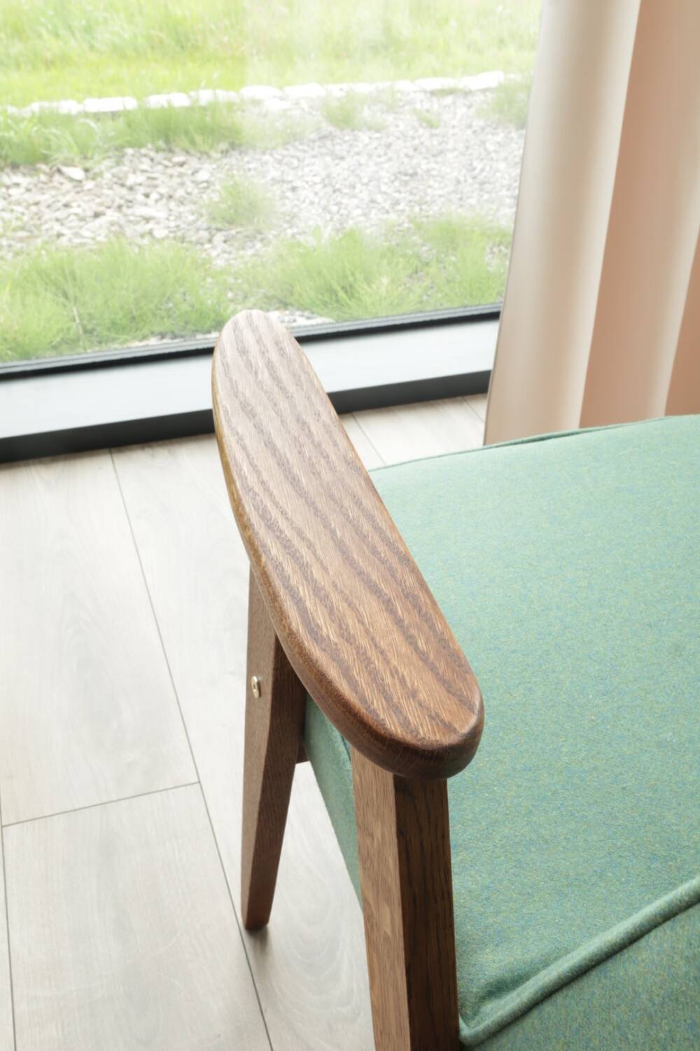 Vintage rustic oak armchair in green wool, 1960s