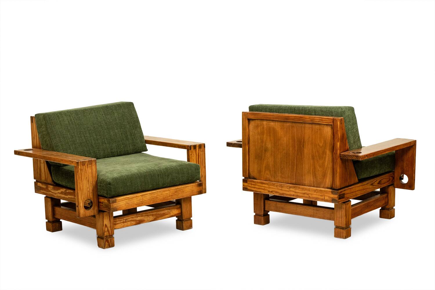 Pair of modernist style armchairs in pitch pine. 1960s.