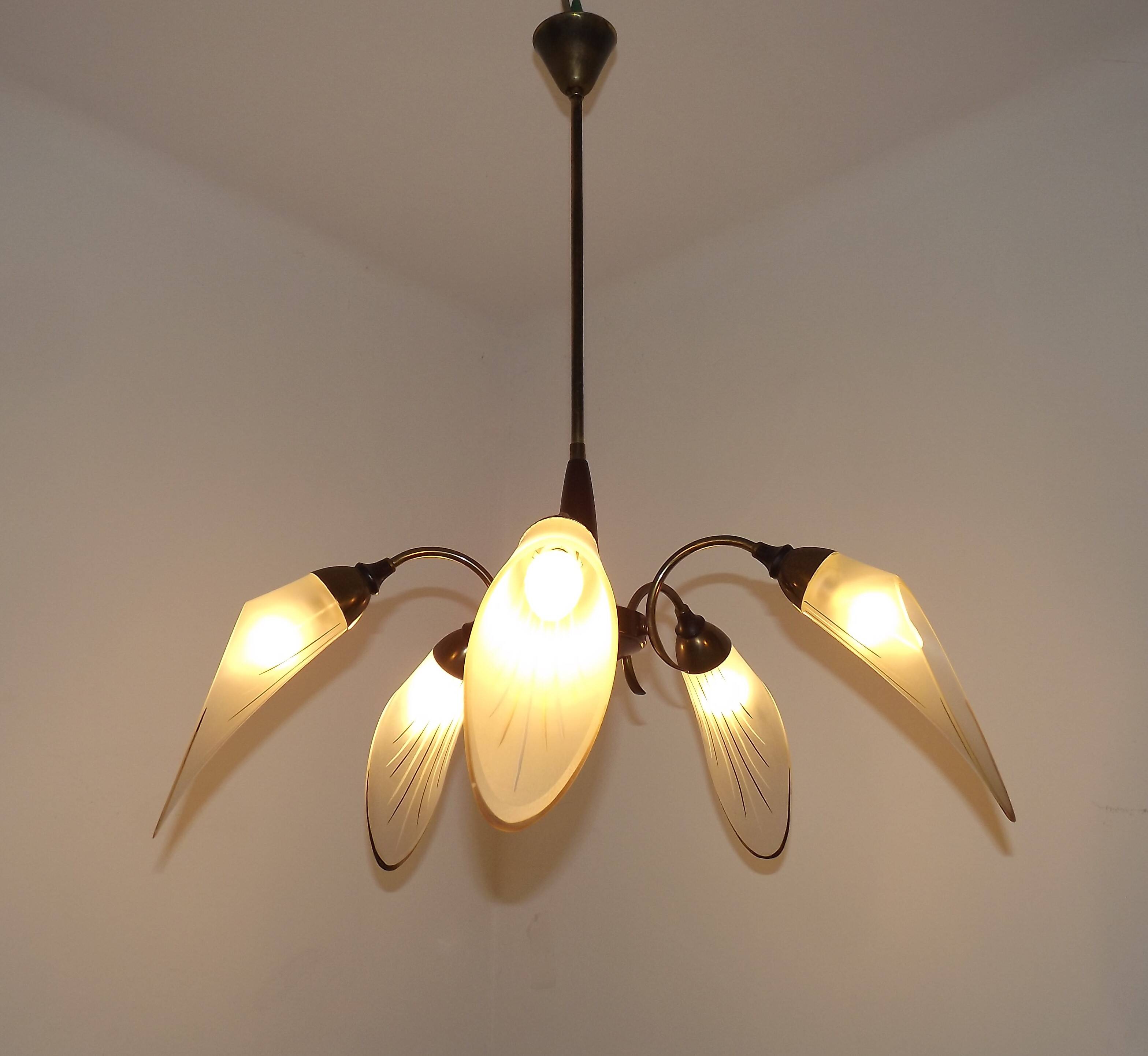 French Vintage Retro Mid Century Black & Gold 5 Arm Chandelier with Glass Shades 5080