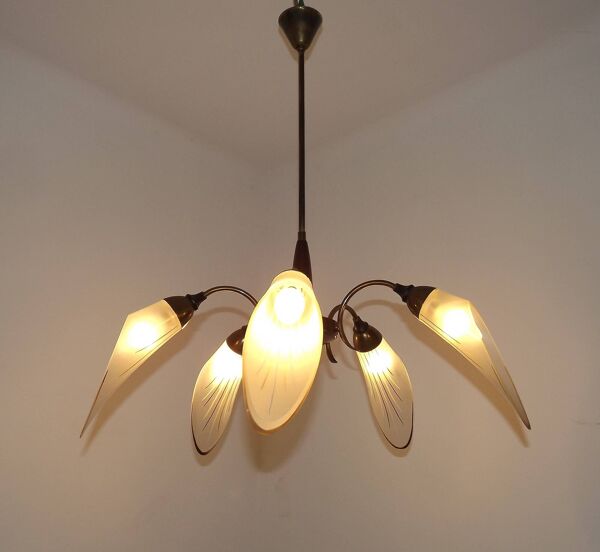 French Vintage Retro Mid Century Black & Gold 5 Arm Chandelier Glass Shades 5080