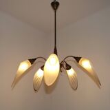 French Vintage Retro Mid Century Black & Gold 5 Arm Chandelier with Glass Shades 5080