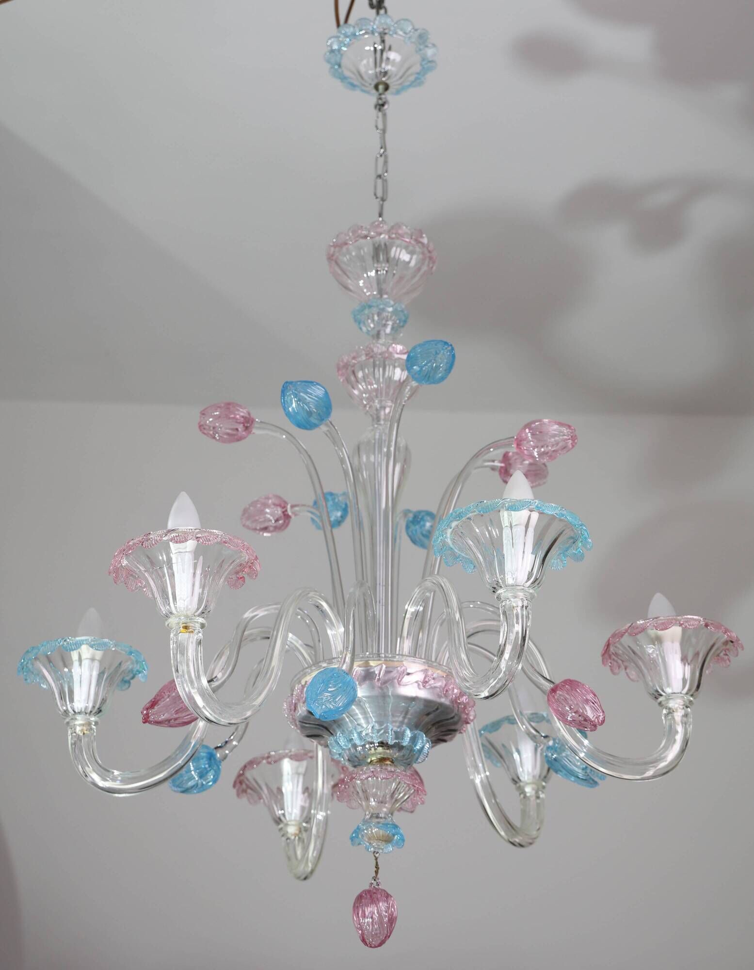 "Amsterdam" Large Size Vintage Pink and Blue Tulip Murano Glas Chandelier,